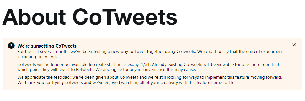 Twitters Erklärung zur Beendingung des CoTweet-Experiments, © Twitter