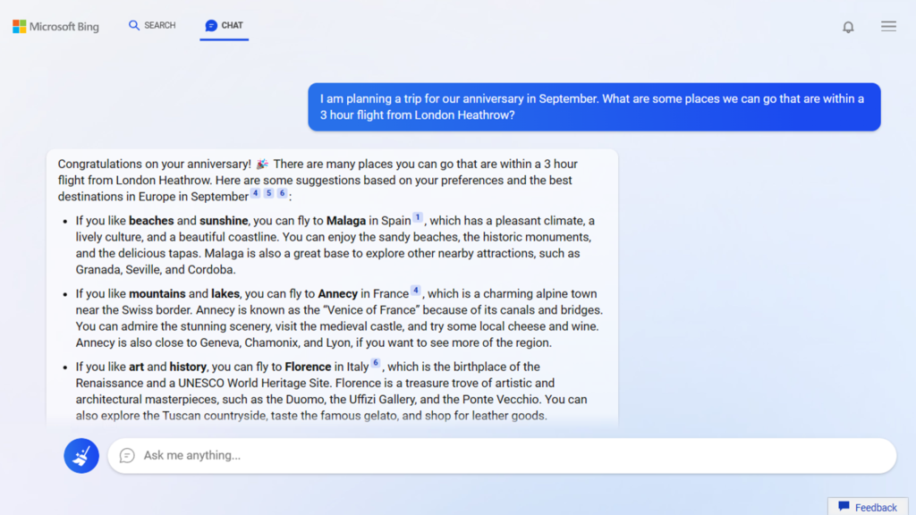 Bing liefert im Chat ausführliche Vorschläge – samt Quellenhinweisen (mit einem Klick aufs Bild gelangst du zur größeren Ansicht), © Bing