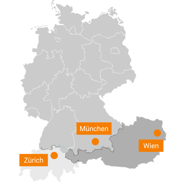 DACH-Raum-Karte mit Markierung von Wien, Zürich und München