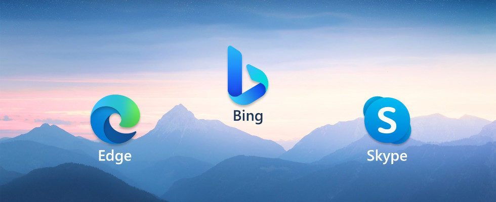 © Microsoft, Edge, Bing, logotipos de Skype en la imagen de fondo de la montaña