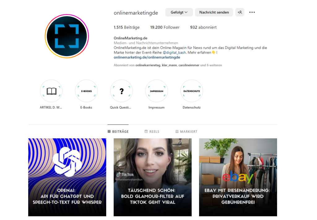 Screenshot des Instagram-Profils von OnlineMarketing.de auf dem Desktop, Screenshot Instagram