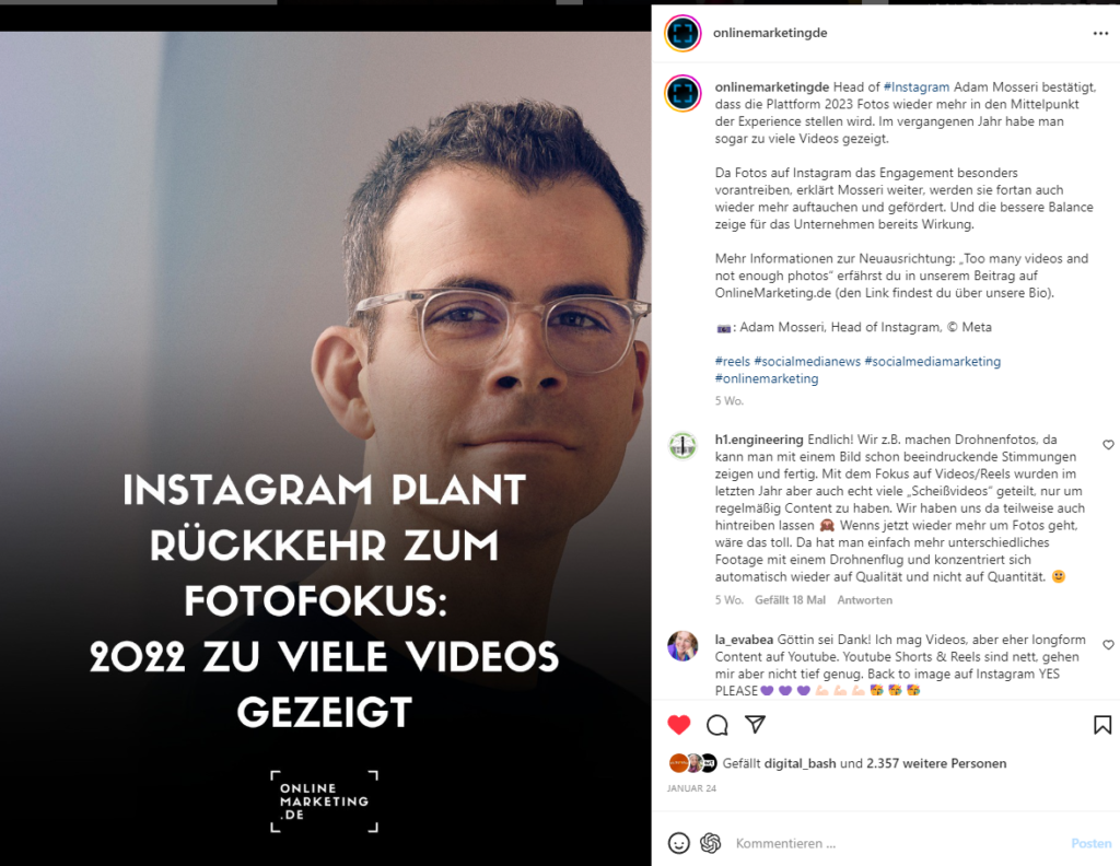 Caption samt Hashtags auf der Instagram-Seite von OnlineMarketing.de, Screenshot Instagram Desktop