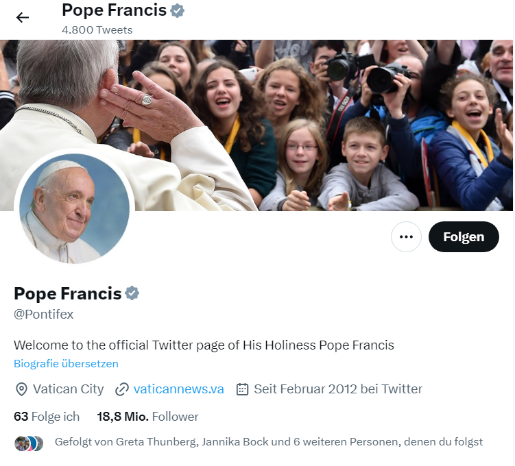 Das Twitter-Profil von Papst Franziskus, Screenshot Twitter