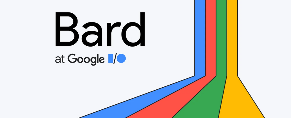 Google Bard Logo mit Schriftzug und Farben in Linien auf grauem Hintergrund 