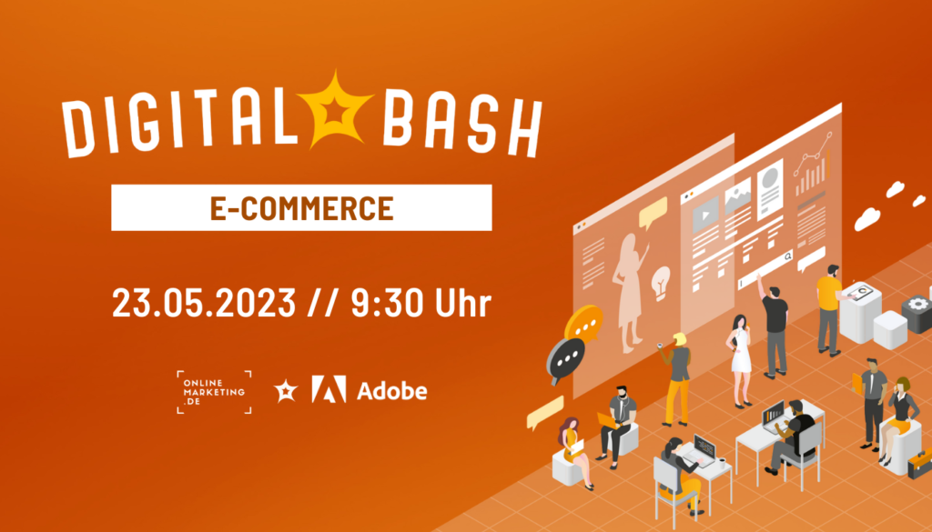 Digital Bash – E-Commerce-Grafik, orangefarbener Hintergrund, Schriftzüge, Personen im Vordergrund
