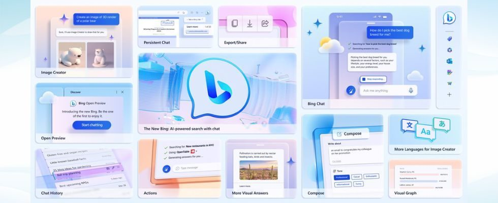 Collage mit Bing AI Grafiken, Bing Logo, Smartphone Grafik, Schriftzeichen und Bildern