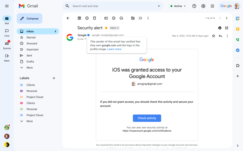 So sieht ein verifizierter Absende-Account in Gmail aus, samt blauem Haken 