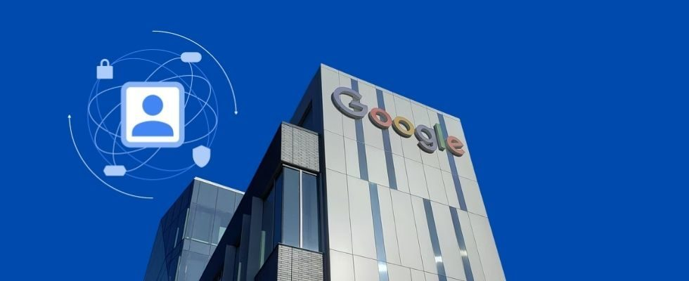 © hk - Unsplash, Google via Canva, Gebäude mit Google-Logo, Privacy Sandbox-Logo daneben, blauer Hintergrund