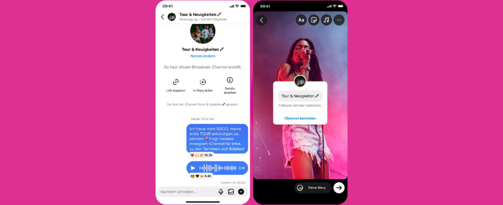 Instagram Broadcast Channel vor pinkem Hintergrund, auf Smartphone-Abbildung