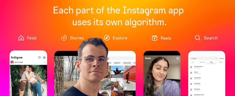 © Instagram, Meta (via Canva), Adam Mosseri Gesicht vor Instagram-Grafik zu Feeds und Funktionen auf Smarphone-Rahmen, Farbverlauf im Hintegrund