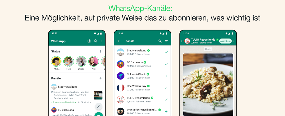 © WhatsApp, Grafik zu WhatsApp Channels, drei Smartphone-Rahmen auf beigefarbenem Hintergrund, mit Schriftzug