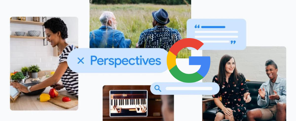 Google Perspectives Übersicht, diverse Bilder von Personen im Alltag, Perspectives-Schriftzug und Google-Logo, weißer Hintergrund