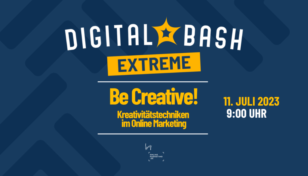 Grafik für den Digital Bash EXTREME – Be Creative!, blauer Hintergrund, Schriftzüge und Logos, gelb und weiß 