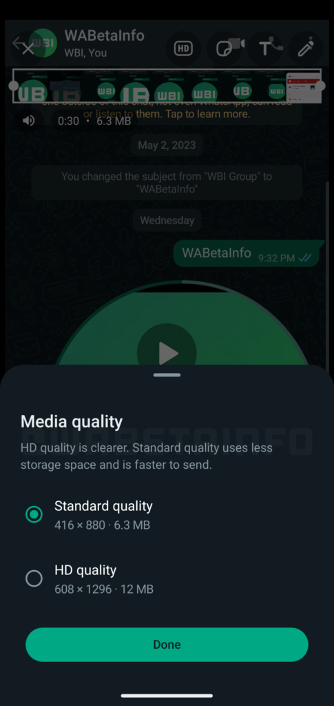 Optionen bei der Videoqualität auf WhatsApp