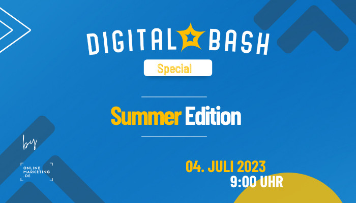 Grafik für den Digital Bash – Summer Edition, blau und gelb, Schriftzüge und das OnlineMarketing.de-Logo