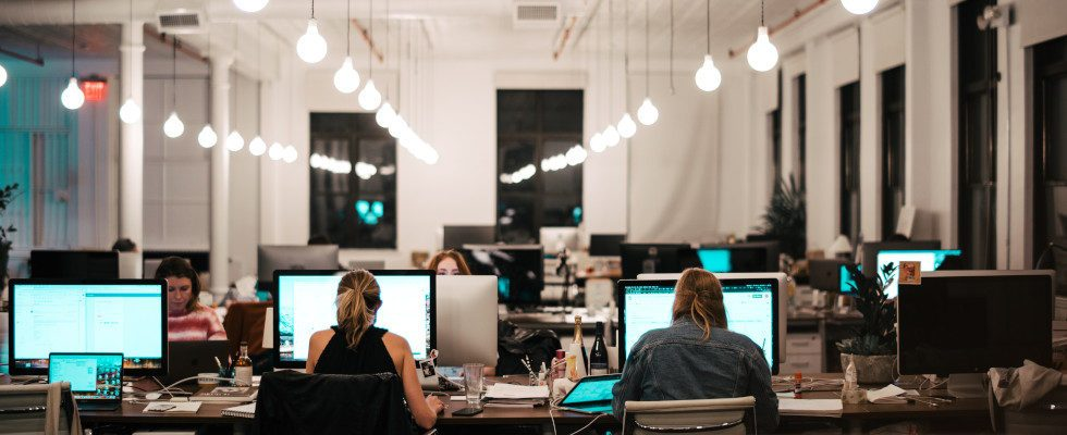 Mitarbeitende sitzen im Büro vor ihren Rechnern und arbeiten.