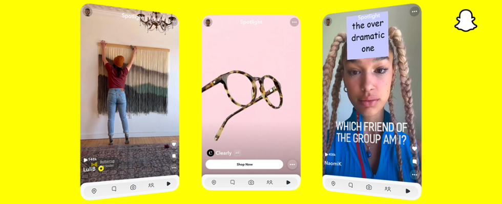 So kann Werbung bei Snapchats Spotlight aussehen, Smartphone-Screens, gelber Hintergrund