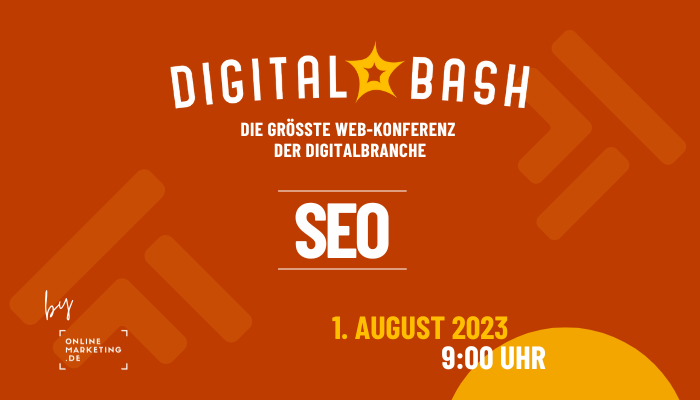 Digital Bash – SEO, Grafik, orangefarbener Hintergrund, Logos und Schriftzüge