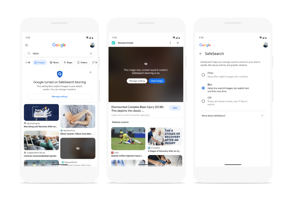 Drei Smartphone Mockups: Das SafeSearch Blurring bei Google (mit einem Klick aufs Bild gelangst du zur größeren Ansicht), © Google 