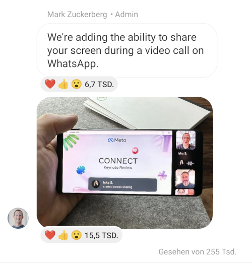 Mark Zuckerbergs Instagram Channel: Screensharing Update bei WhatsApp, Screenshot
