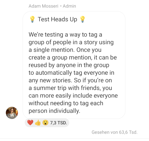 Nachricht aus Adam Mosseris Instagram Channel, die die Group Mentions erläutert, Screenshot