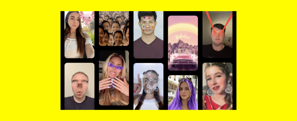 Lens Creator Rewards, © Snapchat, Personen in Smartphone-Rahmen mit verschiedenen Lenses als Overlay, gelber Hintergrund
