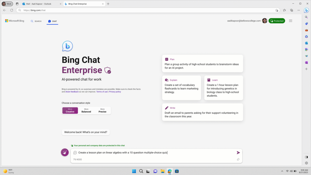 Sobald Bing Chat Enterprise aktiviert ist, können Lehrkräfte über Bing.com/chat oder die Microsoft Edge-Seitenleiste darauf zugreifen.
