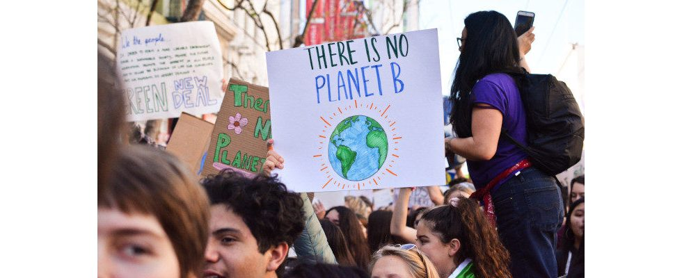 Klimaprotest: Einige Menschen halten Protestplakate in die Luft