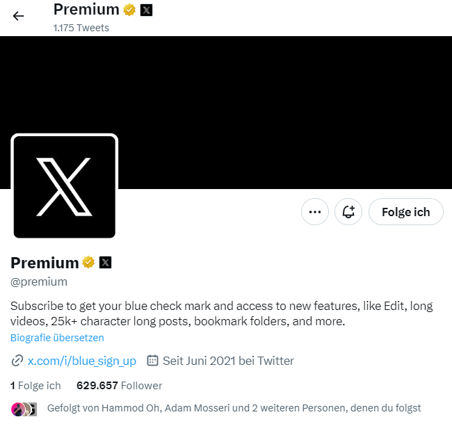 Screenshot des Profils des offiziellen X Premium Accounts auf X