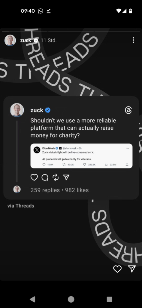 Mark Zuckerbergs Reaktion auf Elon Musks Post, via Threads in der Instagram Story, Screenshot