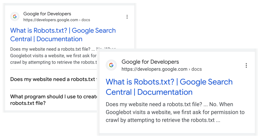 Suchergebnis bei Google mit und ohne FAQ-Unterergebnis, © Google
