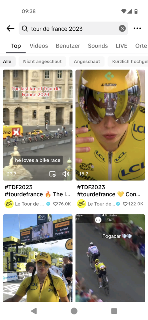 TikTok-Suchfilter beim Suchbegriff "tour de france 2023", eigener Screenshot