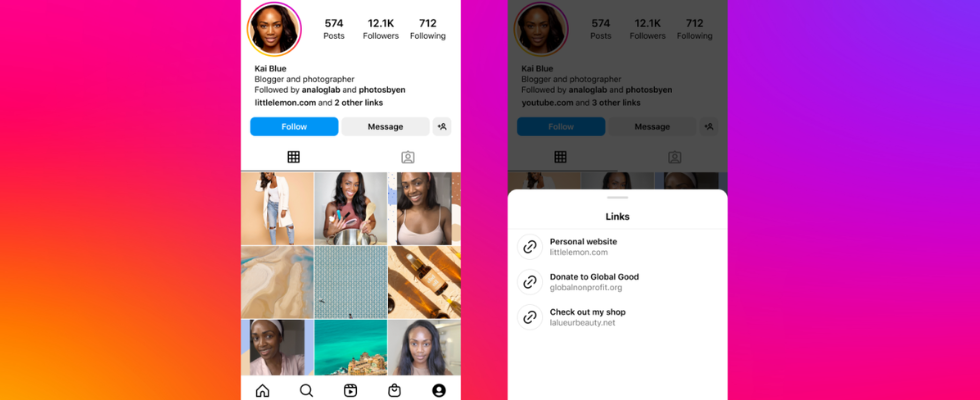 © Instagram, Smartphone Mockup, Links in der Bio auf Instagram, vor Farbverlauf (violett, orange) im Hintergrund