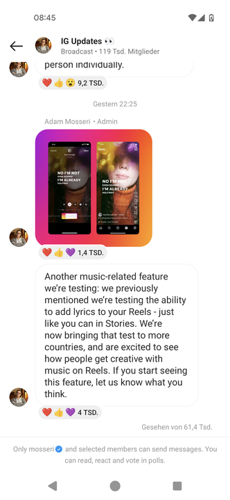 Instagram-Chef Mosseri stellt das neue Lyrics Feature für Reels im Channel vor