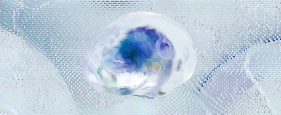 Abstrakte Blase, erinnert an Kopf, hell vor Hintergrund mit vielen kastenförmigen Elementen