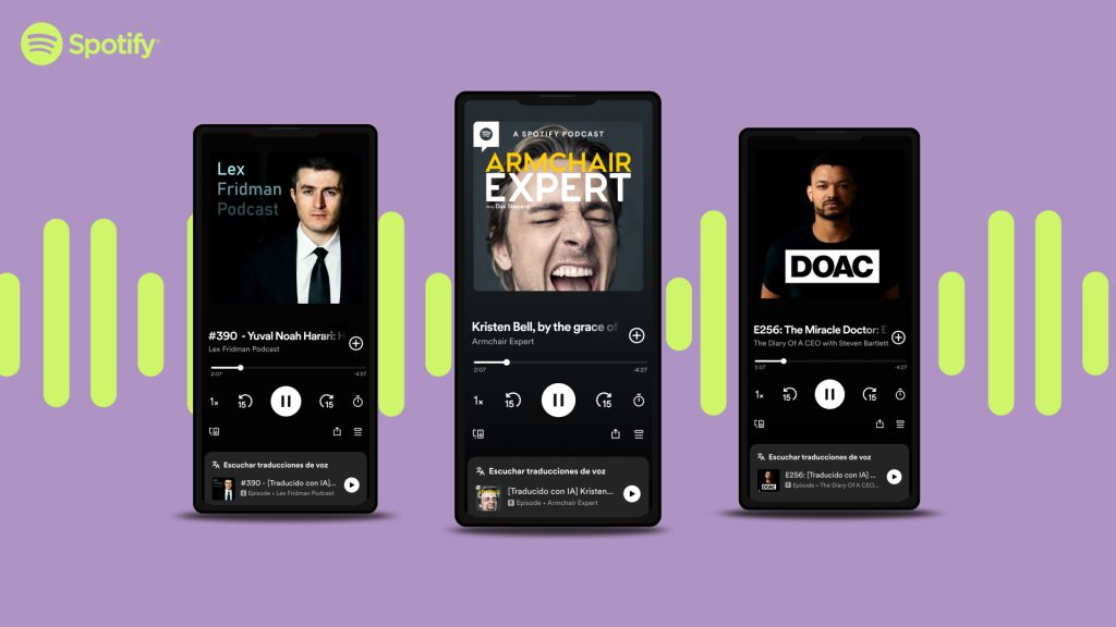 So kann die Anzeige für KI-übersetzte Podcasts auf Spotify aussehen, © Spotify, Smartphone Mockups mit Podcast-Folgen von Spotify, Spotify-Logo