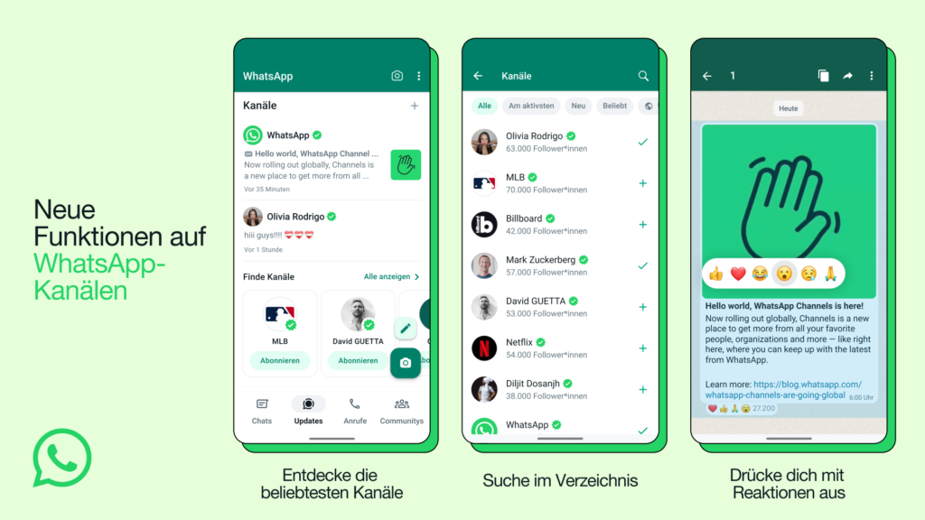 Neue Funktionen für WhatsApps Channels in der Übersicht (mit einem Klick aufs Bild gelangst du zur größeren Ansicht), © WhatsApp, Smartphone Mockups mit WhatsApp Channels Features, grüner Hintergrund