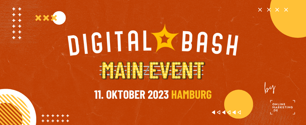 Artikelgrafik Digital Bash – Main Event 2023, Schriftzüge, Logos, orange, weiß, gelb
