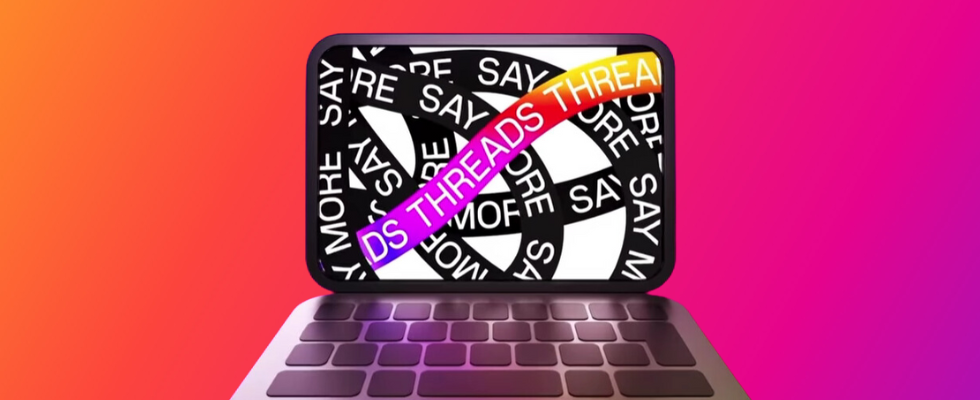 © Threads via Canva, Threads-Startbildschirm auf Laptop, Farbverlauf, violett, orange, im Hintergrund