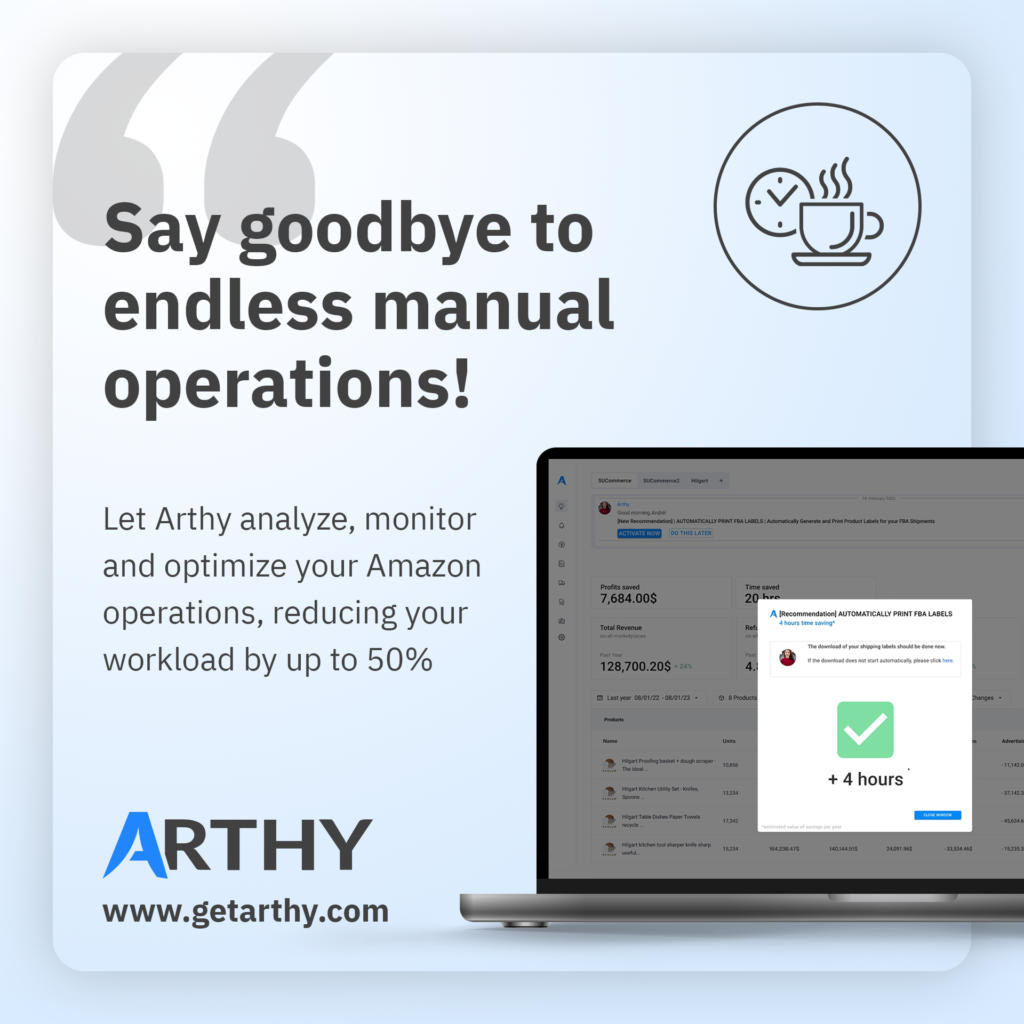 Du kannst deine manuellen Prozesse im FBA-Kontext mit Arthy automatisieren und mit weniger Arbeit mehr Ertrag erhalten, © Arthy, Grafik mit Text, Arthy-Logo, einen Laptop mit Pop-up, blauer Hintergrund