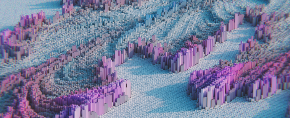 An Bergkette erinnernde grafische Elemente, violett auf weiß, KI-Entsprechung von Google DeepMind 
