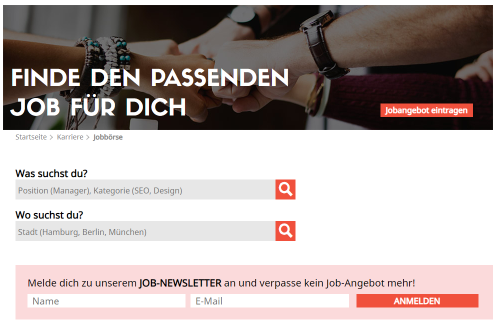 Die OnlineMarketing.de-Jobbörse, Schriftzüge, Buttons, Zeilen zum Eingeben von Suchbegriffen, Such-Icons, Hände kommen zusammen im Titelbild