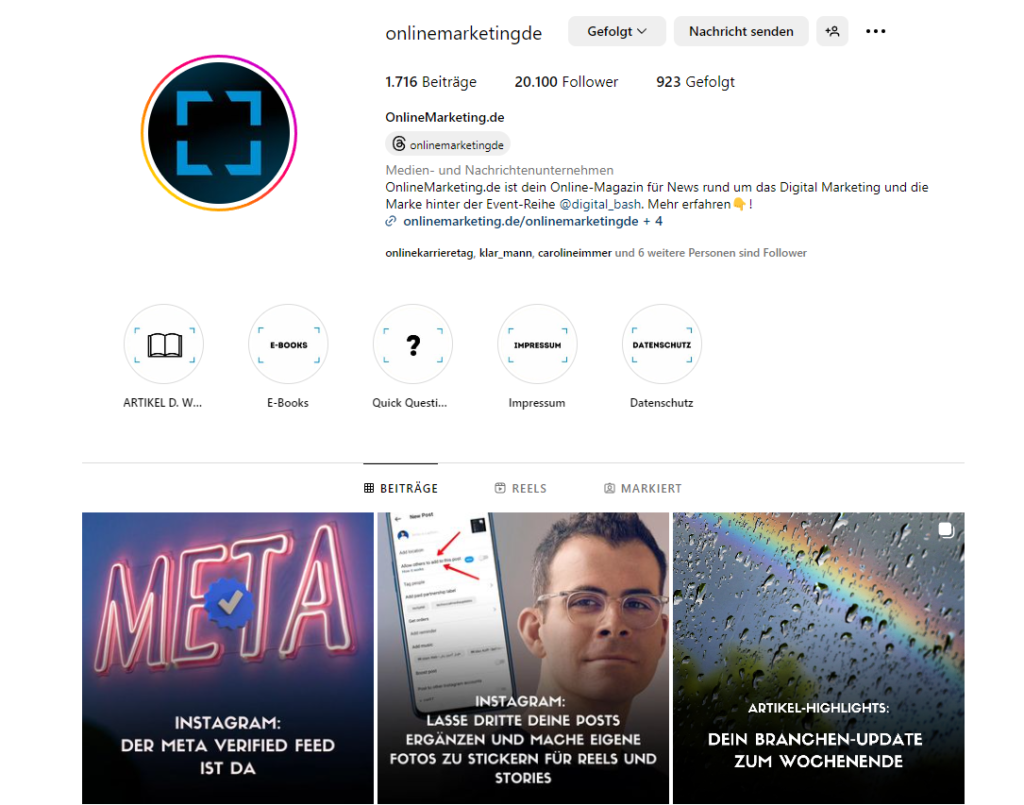 Aktuelle Feed Posts von OnlineMarketing.de auf Instagram, Screenshot des Instagram-Profils, verschiedene Visuals mit Text darüber, Buttons, Textfelder, Icons