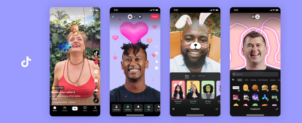 Verschiedene Effekte in TikTok auf 4 Smartphones auf lilafarbenen Hintergrund