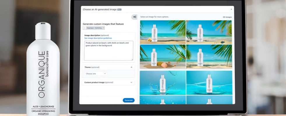 KI-Bilderstellungs-Tool von Amazon auf Laptop Screen, Flasche mit Pflegeprodukte daneben