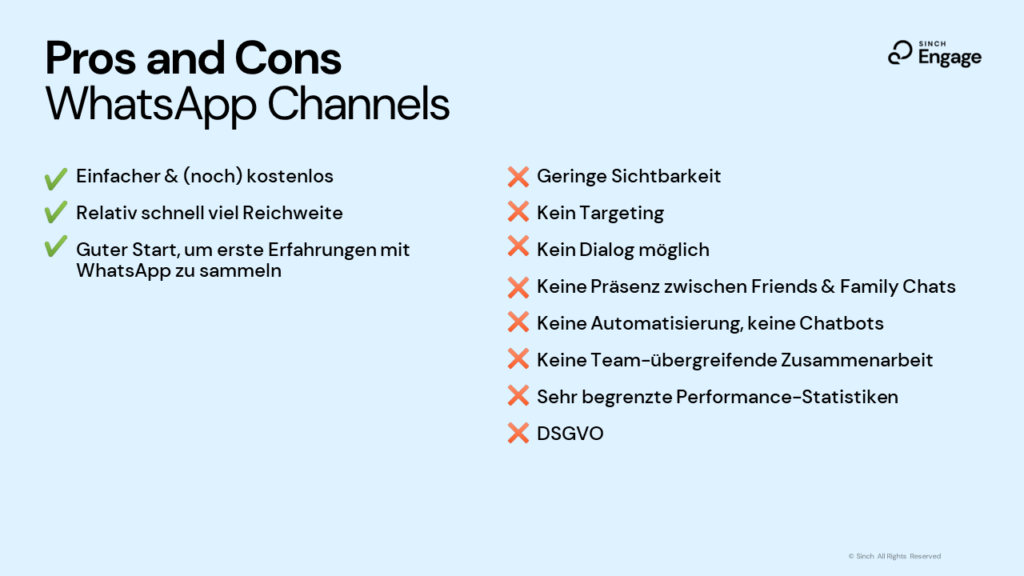 Die Pros und Cons von WhatsApp Channels, © Sinch Engage, Grafik mit Text und grünen Pfeilen, roten X-Symbolen, Sinch Engage-Logo