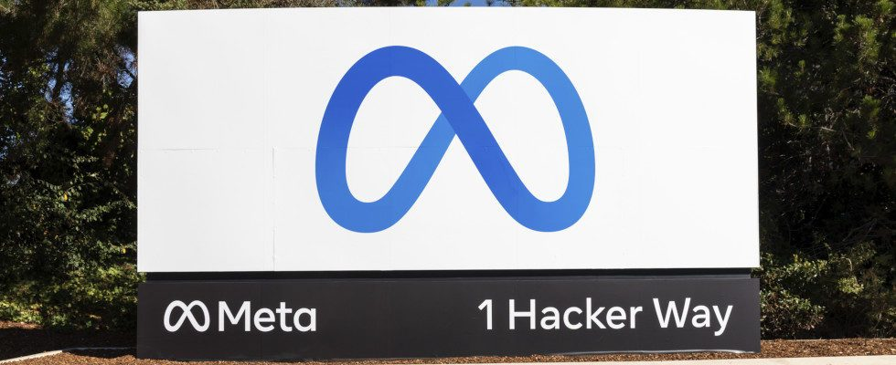 Meta Sign offline, © Meta, Meta-Schild vor Bäumen, blaues Logo auf weißem Hintergrund