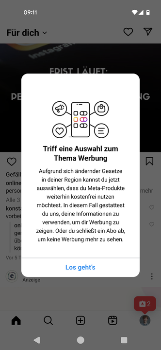 Meta lässt Usern in Europa die Wahl, Screenshot aus der Instagram App, Textfeld vor Instagram im Hintergrund