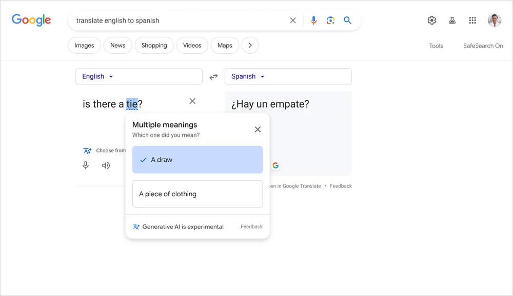 Google-Übersetzer zeigt verschiedene Wortbedeutungen an