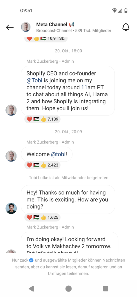 Mark Zuckerberg und Tobias Lütke im Meta Channels Zuckerbergs im Gespräch, Screenshot Instagram App